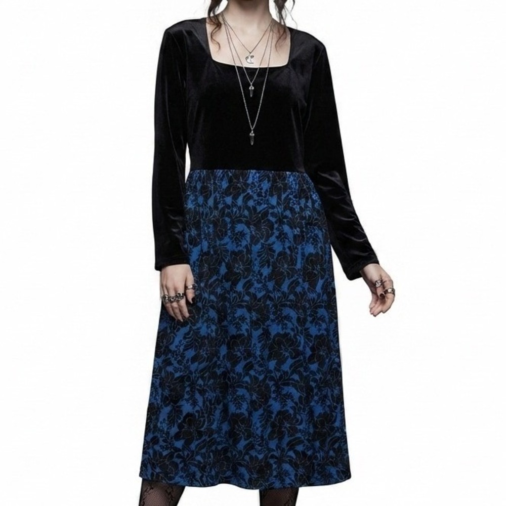 vtg maxi Dress 3x Velvet‎ Floral Blue Black whimsigoth dark fairy grunge goth